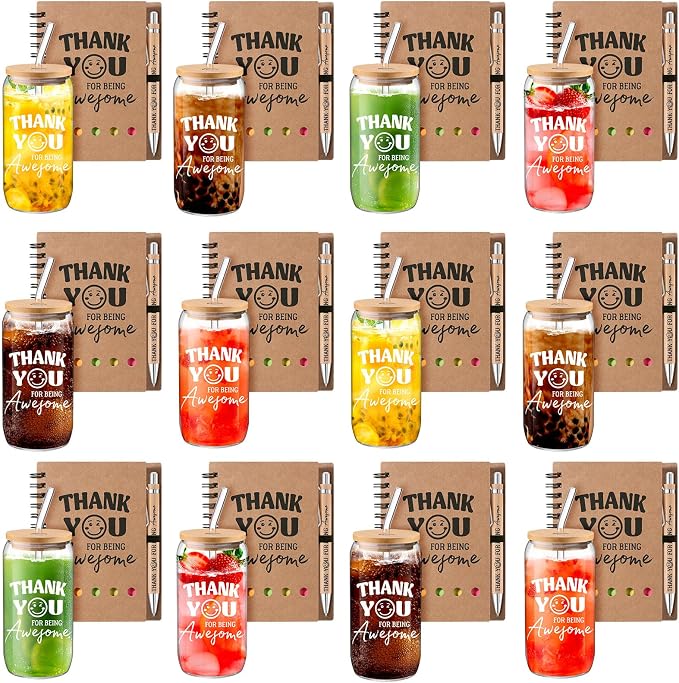 Skylety 12 Set Back to School Teacher Gift Bulk Thank You for Being Awesome Staff Appreciation Gifts 16 oz Glass Cups with Lids Straws Spiral Notebooks Note Pens for Employee Team Coworker Nurse