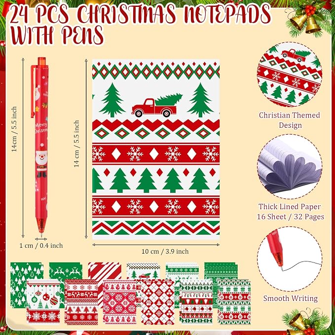Feifeiya 72 Pcs/ 24 Set Christmas Bulk Gifts for Coworkers 24 oz Christmas Tumbler with Lids and Straws Xmas Pens Notepads Set Reusable Plastic Cups Gift for Xmas Holiday Party Supplies Employee