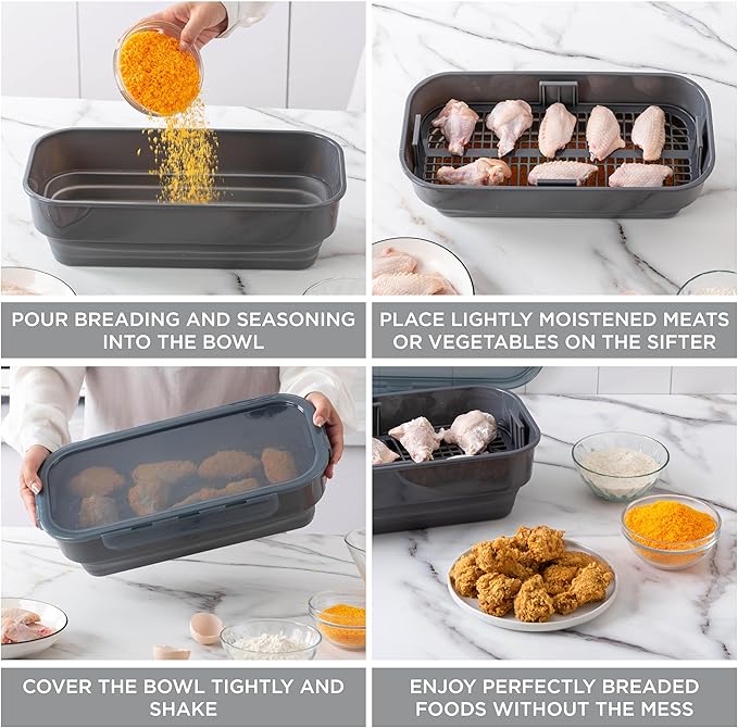 COOK WITH COLOR Collapsible Batter Bowl - Mess Free Breading Shaker Container - Great for Fried Fish, Fried Chicken, Onion Rings, Wings & More, Gray