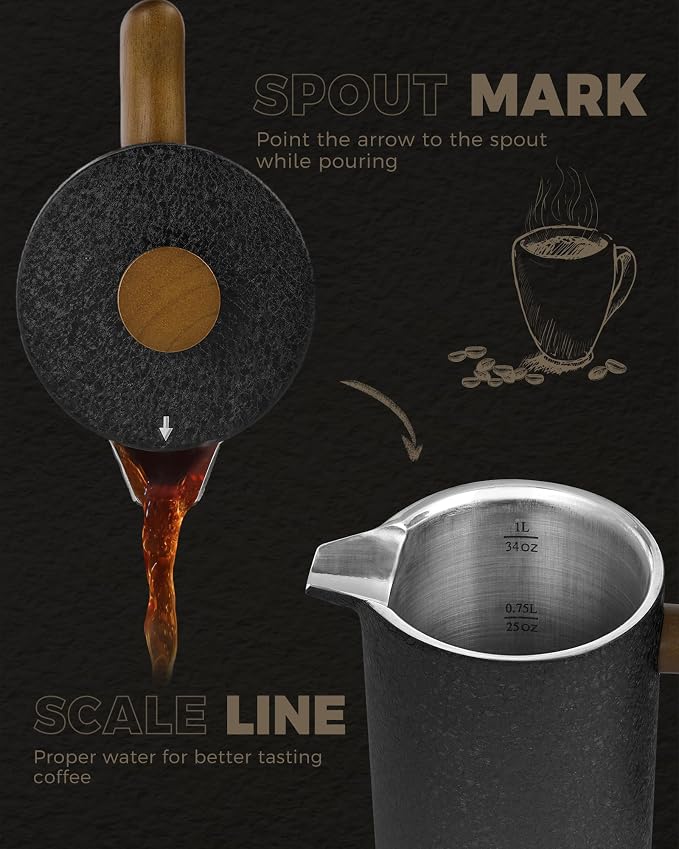 POLIVIAR French Press Coffee Maker, 34 oz Coffee Press with Real Wood Handle, Double Wall Insulation & Dual-Filter Screen, Food Grade Stainless Steel for Good Coffee and Tea JX2023-FPLB