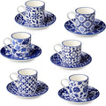 Madison 6-Piece Espresso Cup & Saucer Set, 3.25 oz Porcelain Cups with 4.75-Inch Saucers, Intricate Blue & White Patterns, Durable & Dishwasher Safe, Perfect for Espresso & Giftable Elegance