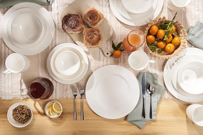 Bone China Dinnerware, 20PC Set, Service for 4, White Embossed, stripe, Microwave Safe, Translucent, Elegant giftware, Dish set, Essential Home, Kitchen Dishes, Dinner Set