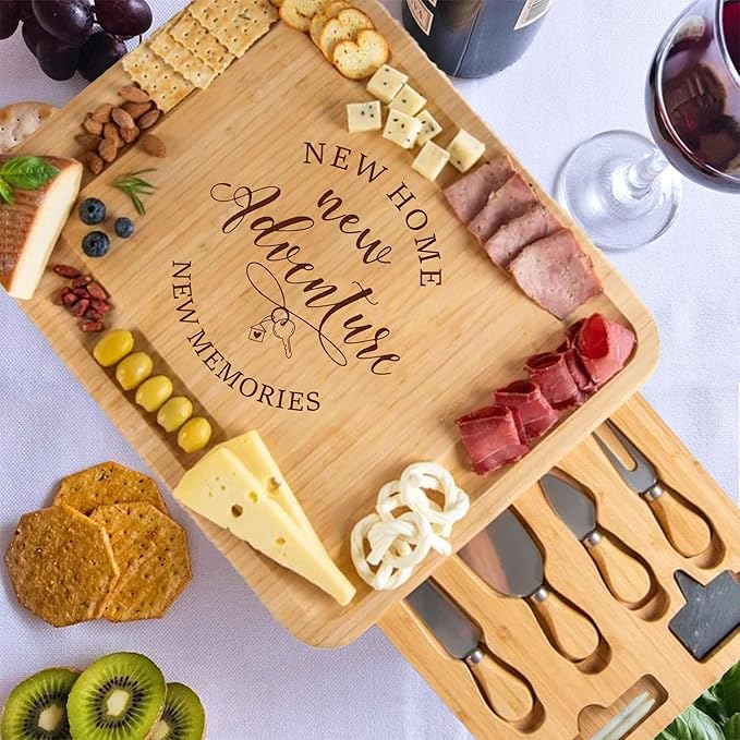 Charcuterie Board Set Gift- Housewarming Gifts for New Home Homeowner, New Home Gift Couple, Engraved Bamboo Cheese Board for Serving, First House Presents for Neighbor Friends, Realtor Closing Gifts
