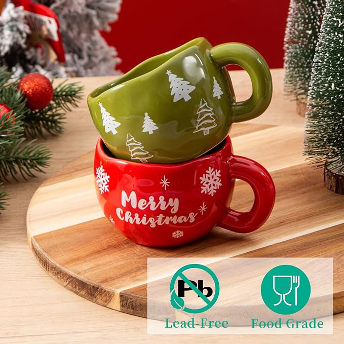 4pcs Ceramic Christmas Mugs Set, 9.4OZ Cute Coffee Cup Set, Red & Green, Dishwasher Safe, Christmas Tree & Snow Design, Gift for Women