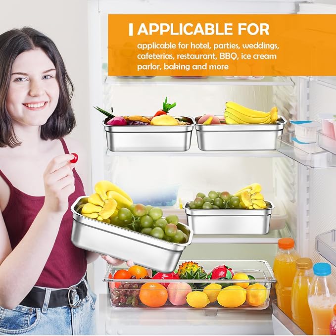 8 Pcs 304 Stainless Steel Food Storage Containers with Lids 1/3 Size Hotel Pan Chicken Food Grade Pans Metal Meal Containers for Restaurant Stackable Kitchen Freezer Buffet(4 Inch Deep)