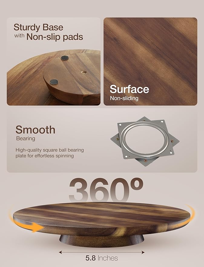 TIDITA 13" Acacia Wood Cake Stand – Cake Turntable, Rotating Cake Stand – Wooden Spinning Cake Stand for Decorating, Cupcake Dessert Display in Party, Wedding - No Assembly Required (Walnut Color)
