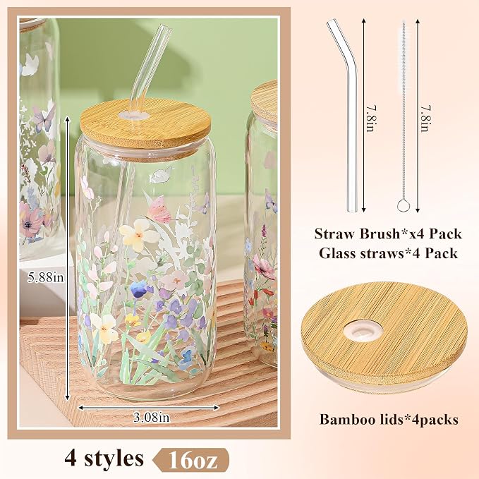 Mumufy 4 Pack Wildflower Glass Cups Gift Aesthetic Cute Glass Cup Tumbler Flower Iced Coffee Mugs 16 oz with Bamboo Lid & Straw, for Wedding Birthday Bridesmaid Mom Baby Shower
