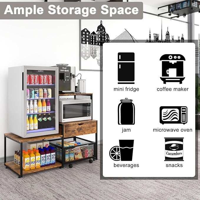 PUNCIA Coffee Bar Cabinet with Mini Fridge Stand Storage & Power Outlet | Microwave Oven Stand & Beverage Refrigerator Table, Built-in Drawer Rolling Basket for Dorm Apartment Pantry Organizer