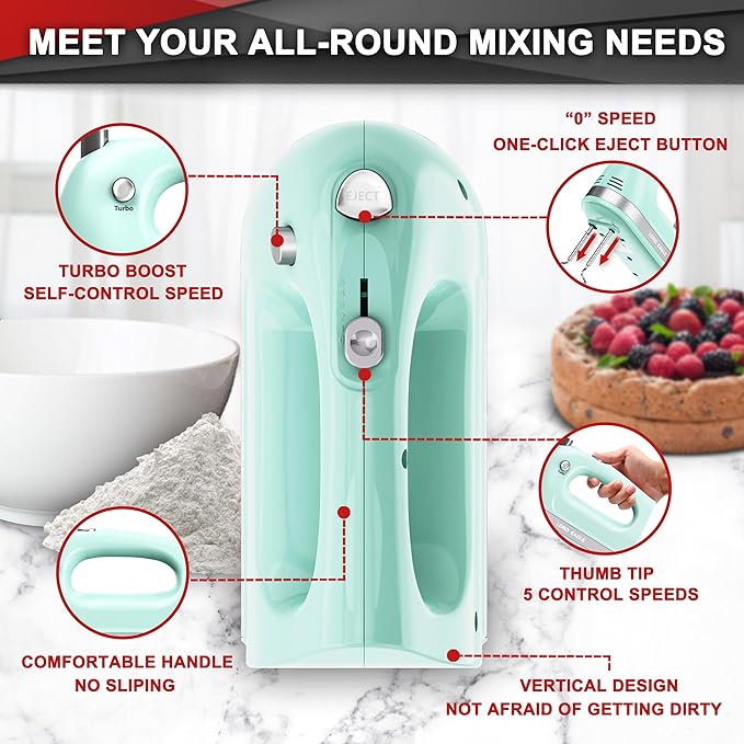 Lord Eagle Hand Mixer Electric Handheld 400W, 5-Speed Lightweight Kitchen Mixer with Storage Case, 5 Stainless Steel Attachments for Baking Cake Egg Cream Food Beater, Turbo+Eject Button, Green