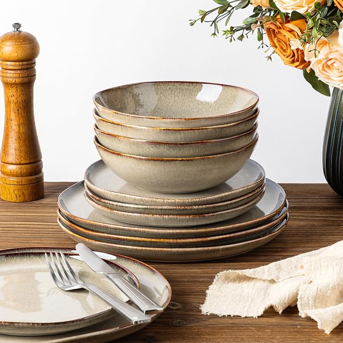 GBHOME Stoneware Dinnerware Sets for 4,12 Pieces Rustic Earthenware Plates and Bowls Set,Handmade Reactive Glaze Ceramic Plate Sets, Chip Resistant Dishes, Microwave & Dishwasher Safe, Smokey Taupe