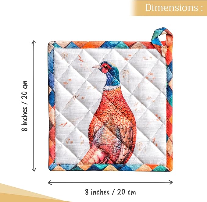 Maison d' Hermine Pot Holders Set 100% Cotton Heat Resistant Potholders 8" x 8" Hot Pads with Loop for Thanksgiving Christmas Decorations BBQ Baking Handling Hot Pans (Pack of 2, Faisan D'Automne)