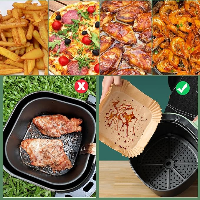 200Pcs 8IN Air Fryer Liners Disposable for 5-8QT Air Fryer and 4Pcs 7.5in Air Fryer Silicone Liners for 3 to 6 Qt,Food Safe Non-Stick Air Fryer Liners Square Free of Bleach,Air Fryer Parchment Liners
