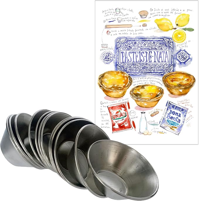 Pastel de Nata Tins (Egg Tart Tins) - Made in Portugal out of Galvanized Steel - Includes Pastéis de Nata Print Postcard and Downloadable Recipe - Set of 12 (Standard 3 cm height)