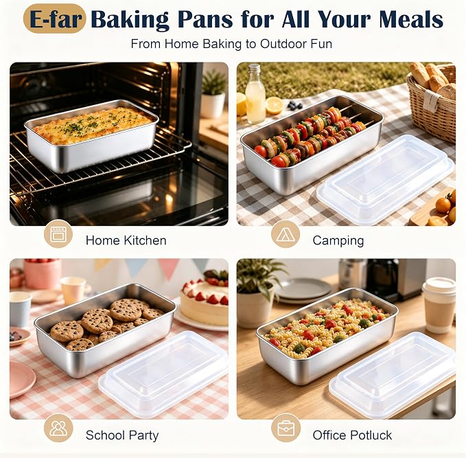 E-far Loaf Pan with Lids, 9 x 5 Inch Stainless Steel Bread Pans for Homemade Bread, Rectangle Baking Tins for Sourdough, Meatloaf, Banana Cake, Nontoxic & Dishwasher Safe - Set of 3