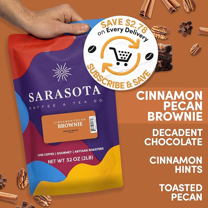2 lb Cinnamon Pecan Brownie Ground Coffee | Cinnamon & Pecan Flavored Dessert Coffee | Bulk Sweet Nutty Flavored Ground | Specialty Grade | 32 oz