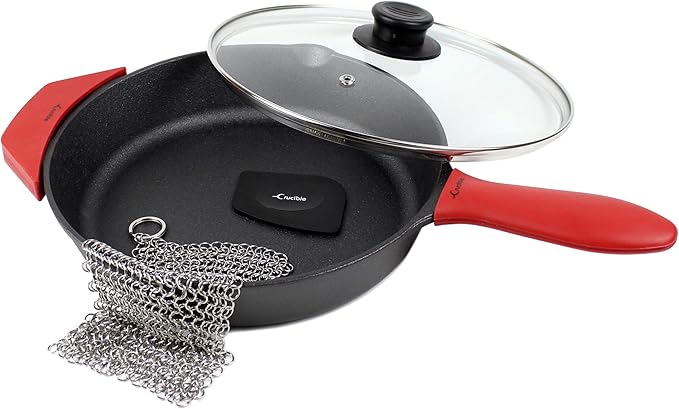 10.25-Inch Cast Iron Skillet Set (Pre-Seasoned), Including Large & Assist Silicone Hot Handle Holders, Glass Lid, Cast Iron Cleaner Chainmail Scrubber, Scraper | Indoor & Outdoor Use