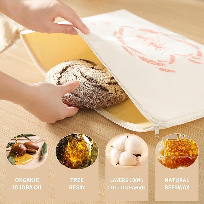 Premium Beeswax Bread Bags for Sourdough - 2 Packs XL Reusable Organic Beeswax Linen Cotton Sourdough Bag, Homesteading Essentials Sourdough Bags with Zip to Keep Fresh Bread Bags for Homemade Bread
