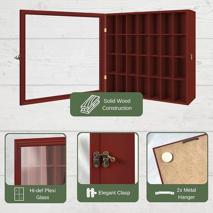 Shot Glass Display Cabinet Solid Wood - Large Display Case for Collectibles | Man Cave Accessories | UV Protection Acrylic Door | Wall Mounted Black Shadow Box | 28 Slots | 18" x 16" Mahogany