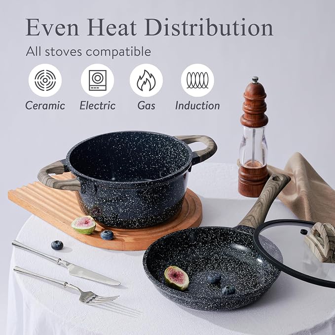USELUCK Pots and Pans Set Non Stick Non-Toxic 22 Pcs Ceramic Cookware Sets Nonstick Kitchen Pot&Pan With Lid Jet Black Granite Induction Compatible with Glass Lids Crepe Frying Pan PFOA/PFOS-Free