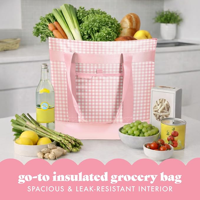 Fit & Fresh Insulated Grocery Tote Bag – Large Reusable Thermal Cooler Bag for Shopping, Food Delivery & Catering – Premium Leak Resistant Food Carrier, Foldable Soft Cooler, Pink Gingham