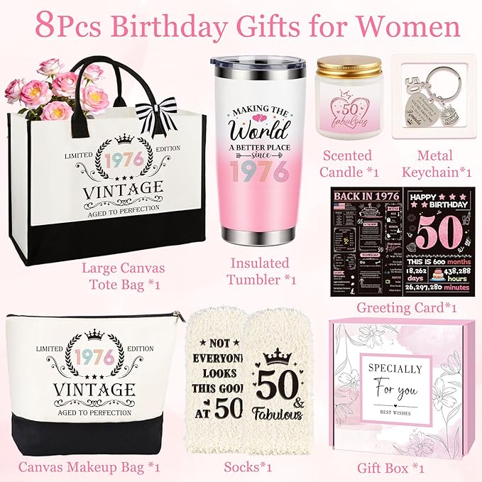 50th Birthday Gifts for Her, Vintage 1976 Happy 50th Birthday Gifts Basket for Women Unique Gift Ideas for 50 Year Old Women Mom, Wife, Sister, Friend, Colleague Funny Bthday Gift Turning 50 Year Old | Vintage 1976