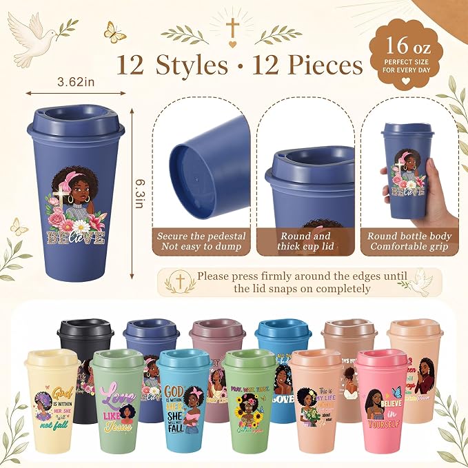 Hollowfly 12set/48pcs African Americans Black Women Christian Gifts Set Include 16oz Coffee Cup with Lid, Makeup Bags, Mirrors, Notepad, Black Owned Inspirational Gift for Women(Morandi)