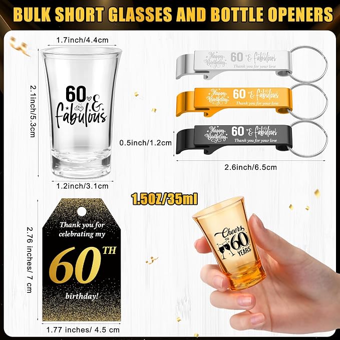 Domensi 50 Sets 60th Birthday Party for Guests Bulk Include Cheers to 60 Short Glasses Beer Bottle Opener Keychains Thank You Cards with Gift Bags and Ropes for Birthday Party Gifts