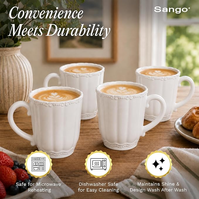 SANGO Bethany White Mugs Set of 4, 12 oz Stoneware White Coffee Mugs, Vibrant Ceramic Drinkware for Coffee, Tea or Cocoa, Durable Everyday Cups, Dishwasher & Microwave Safe, Kitchen Mug Set