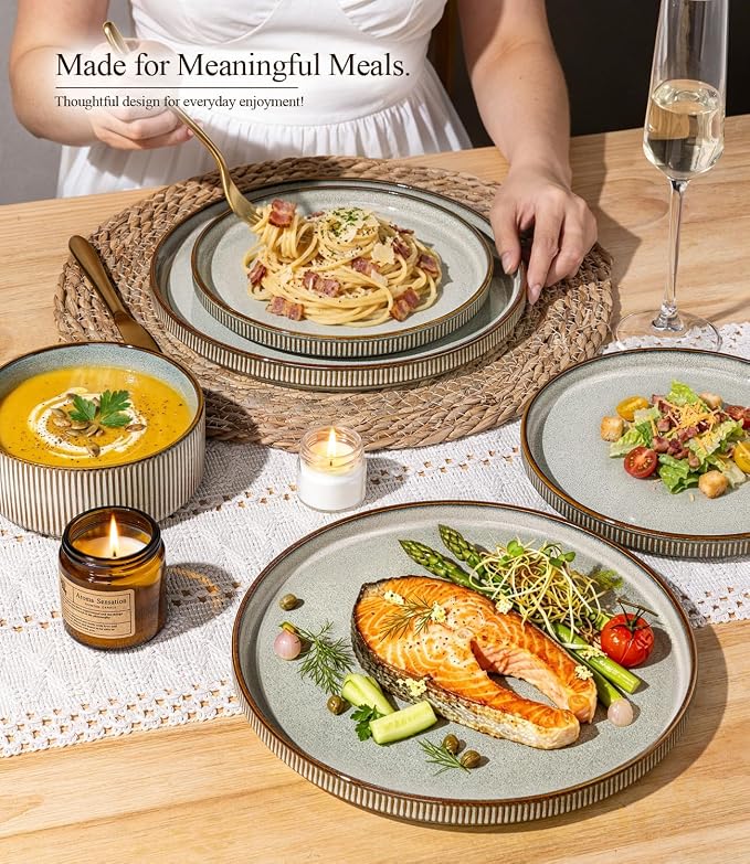 GBHOME 18-Piece Stoneware Dinnerware Set for 6 – Ribbed Ceramic Plates and Bowls, Scratch-Resistant, Microwave & Dishwasher Safe, Reactive Glaze, Reactive Glaze Green Wheat