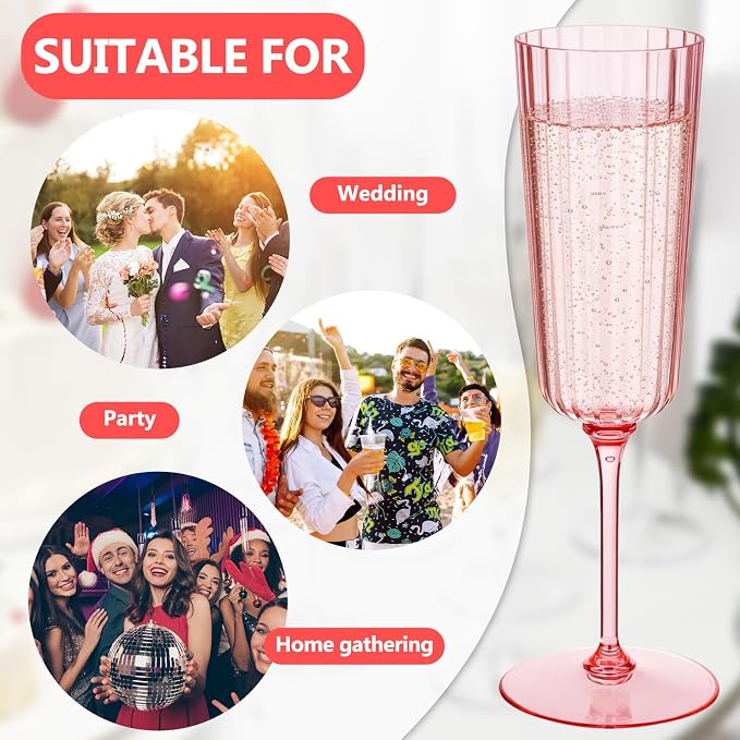 Jingmore 24 Pcs Plastic Ribbed Champagne Flutes With Stem, 6.4 oz Clear Vintage Disposable Champagne Glasses for Wedding Birthday Anniversary (Pink)