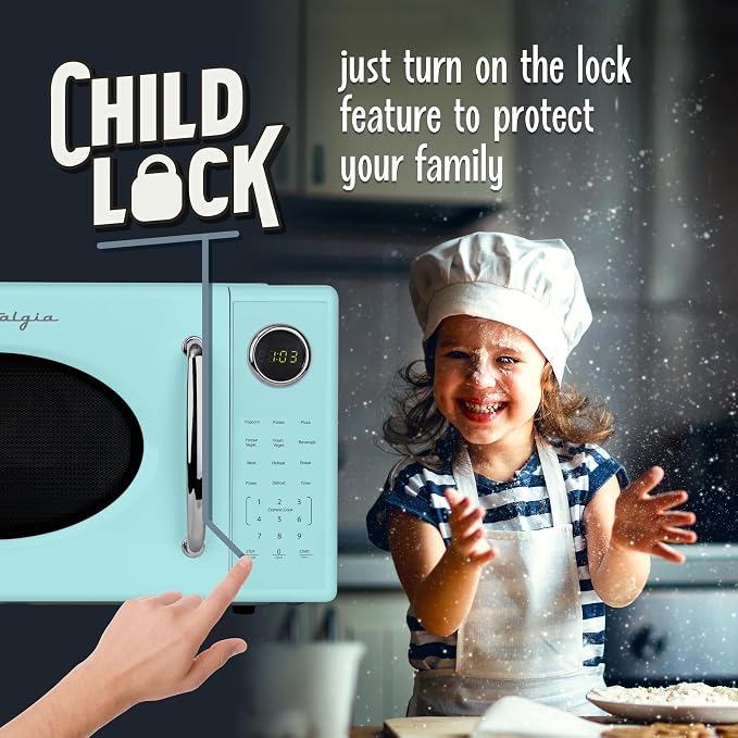 Nostalgia Retro 1000W Microwave Oven 1.1 Cu Ft Capacity – Child Safety Lock, 8 Auto-Cook Settings – Countertop Kitchen Appliance – Aqua