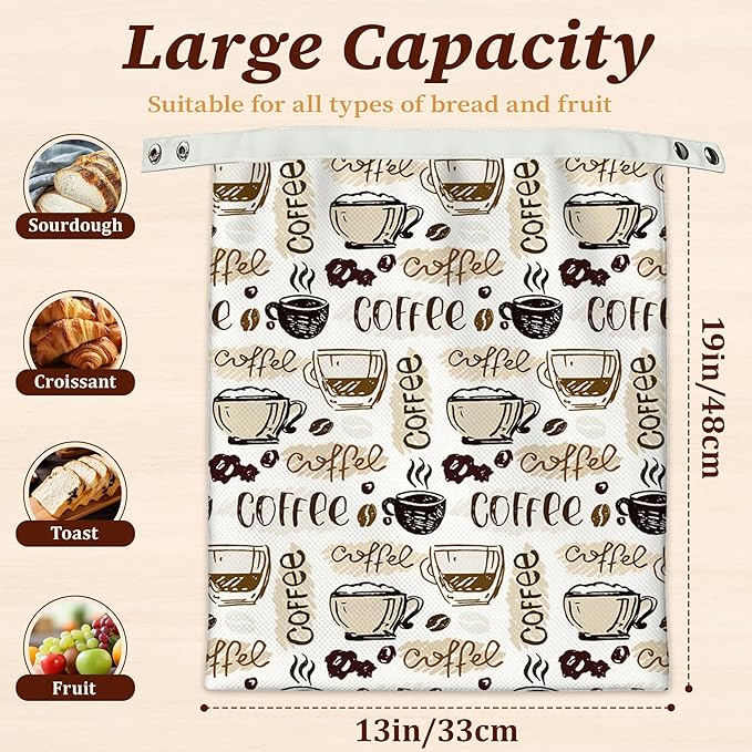 Bread Bags for Homemade Bread, Coffee Time 2 Pack Linen and Beeswax Sourdough Storage Bags, Reusable Keeper, Keeps Breads Fresh Longer, Gifts for Bakers