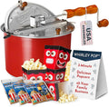 Original Whirley Pop Starter Pack - Wabash Valley Farms Popcorn Kit, Whirley Pop Popcorn Maker With 3 Movie Theater Popcorn Kits and 4 Movie Night Face Tubs, Gourmet Popcorn Gift Sets (Metal Gear-Red)