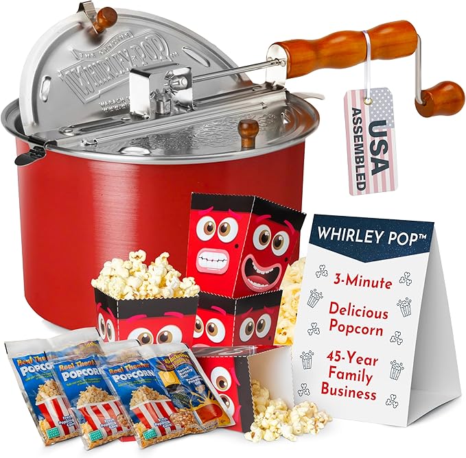 Original Whirley Pop Starter Pack - Wabash Valley Farms Popcorn Kit, Whirley Pop Popcorn Maker With 3 Movie Theater Popcorn Kits and 4 Movie Night Face Tubs, Gourmet Popcorn Gift Sets (Metal Gear-Red)