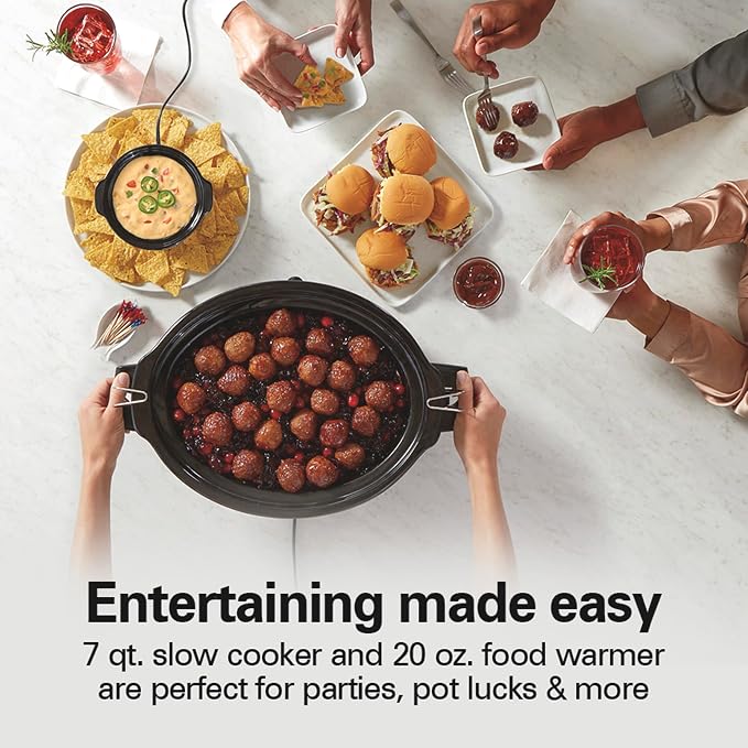 Hamilton Beach 7 Quart Stay or Go Portable Programmable Slow Cooker | 15 Cooking Options | Clip-Tight Glass Lid For Easy Travel | 20 oz Party Dipper | Dishwasher Safe Stoneware Crock | Silver