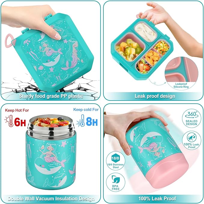 wiwens Bento Lunch Box for Kids with 12oz Soup Thermo Leak-Proof Lunch Food Container with 5 Compartment Thermo Hot Food Jar and Insulated Lunch Bag for Kid Toddler Girls Boys to School