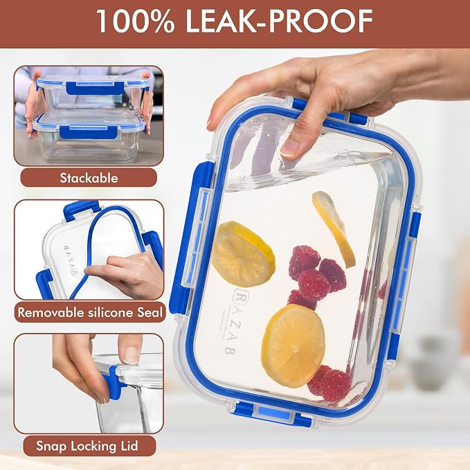 Razab 2 Pcs 1860ml / 63 Oz Large Glass Food Storage Containers with Lids - Glass Meal Prep Containers with Locking Lids for Roasting, Storing Leftover, Lunch Container, BPA Free, Microwave & Oven Safe