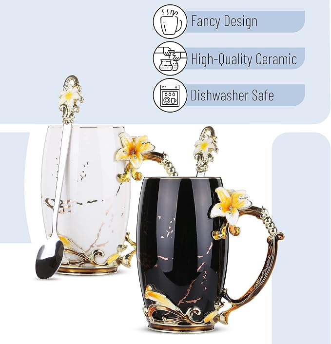 BTaT- Floral Ceramic Mugs with Spoon, Set of 2, Black & White, Fancy Coffee Mugs with Spoon