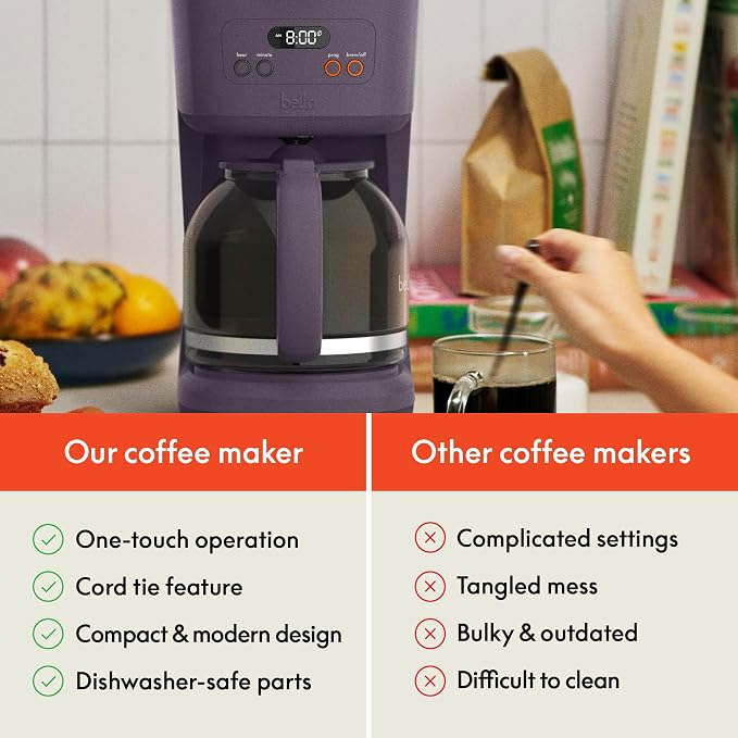 bella 12 Cup Programmable Coffee Maker, Reusable Dishwasher Safe Accessories, Easy LCD display, Auto Shutoff, 900 watt, Plum