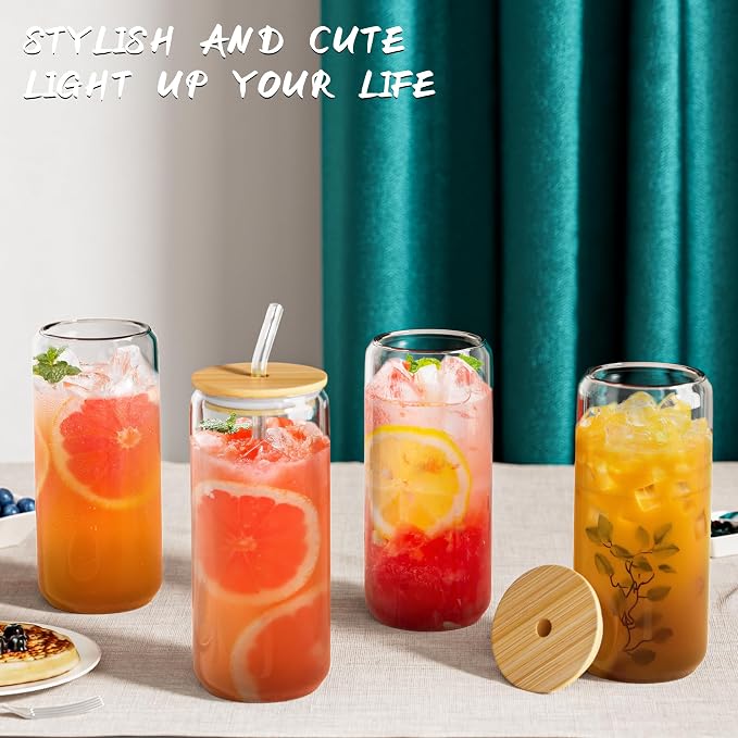 12 Pcs Glass Cups with Bamboo Lids and Straws - 20oz Glass Tumbler, Iced Coffee Cup, Can Shaped Drinking Glasses for Coffee, Tea, Smoothie, Juice, Cocktail Include 2 Cleaning Brushes