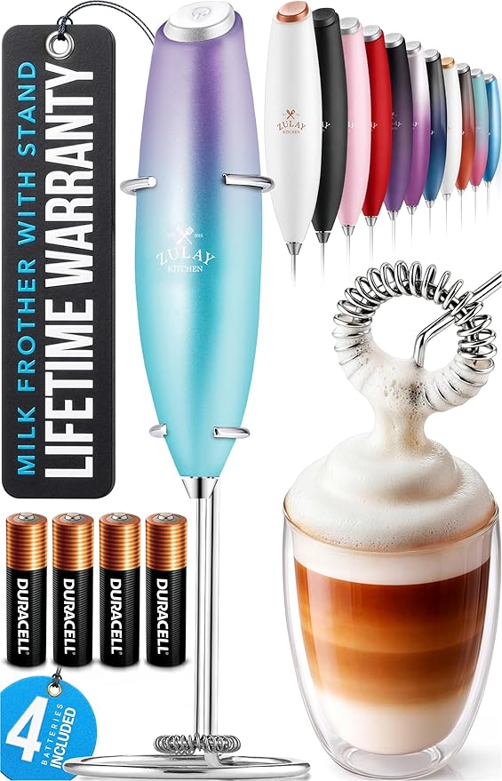 Zulay Kitchen Powerful Milk Frother Wand With 4 AA Duracell Batteries - Ultra Fast Handheld Drink Mixer - Electric Whisk Foam Maker for Coffee, Lattes, Cappuccino, Matcha & Creamer - Borealis