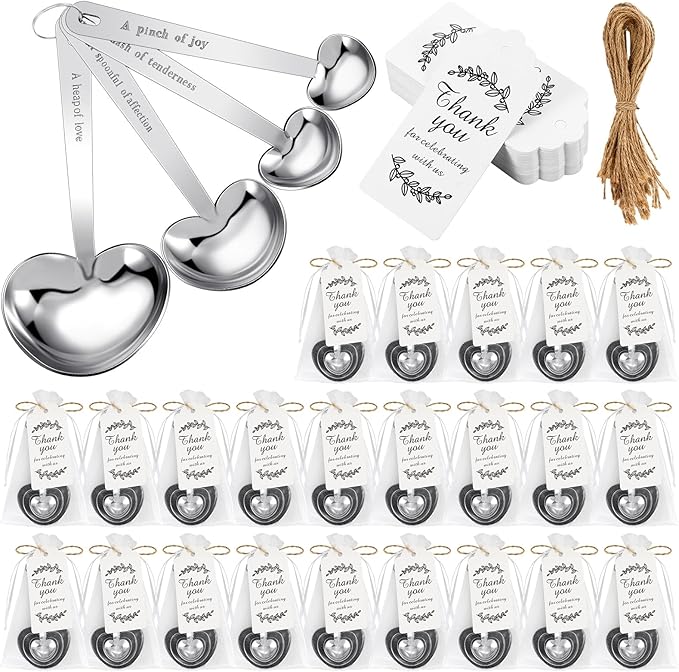 Umigy 30 Set Heart Shaped Measuring Spoon Tea Spoons Wedding Baby Shower Favors for Guests Set Heart Shape Drawstring Organza Bag Gift Tag Rope for Wedding Bridal Shower Souvenir (Silver)