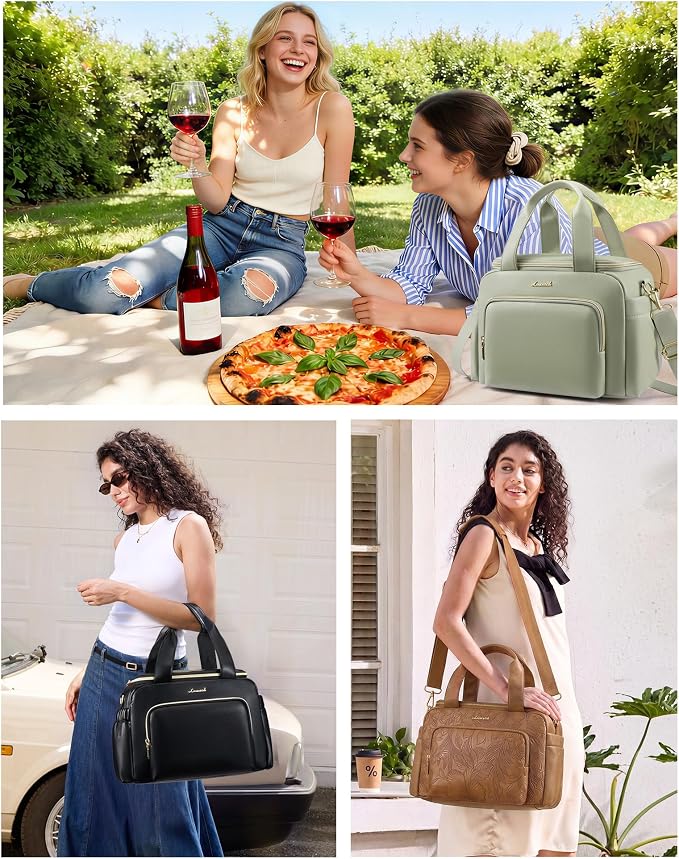 LOVEVOOK Insulated Lunch Bag for Women, PU leather Lunch Box with Shoulder Strap, Wide Opening Adult Large Lunch bags for Work Picnic Beach Family Camping Outdoor Teacher