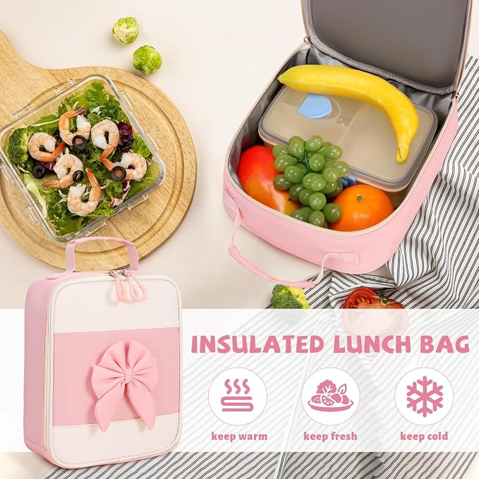 DIGOBAY Girls Backpack - Kids Bento Box Set with Insulated Lunch Bag, Cutlery and Pencil Case, 6 Leak-Proof Compartments, Removable Tray for Girls, Teens School Picnic (Pink)