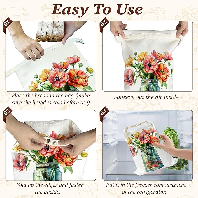 Bread Bags for Homemade Bread, Flowers in Jar 2 Pack Linen and Beeswax Sourdough Storage Bags, Reusable Keeper, Keeps Breads Fresh Longer, Gifts for Bakers
