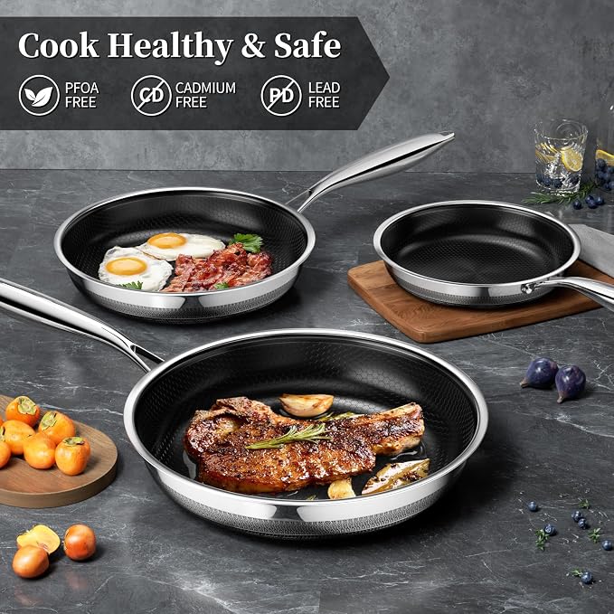 Innerwell Tri-Ply Stainless Steel Non stick Frying Pans Set | Ceramic physical nonstick， PFAS/PFOA/PTFE free, Compatible with All Cooktops, durable for daily cooking