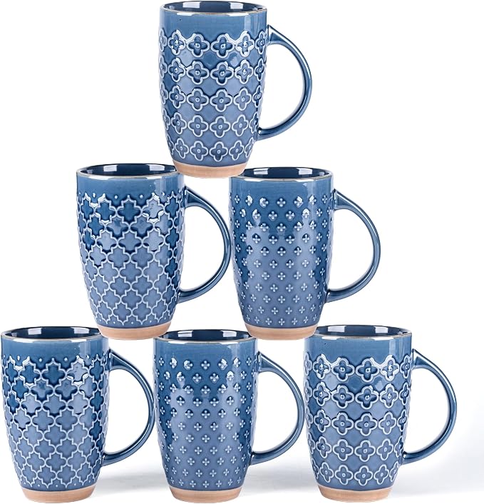 GBhome 20oz Large Coffee Mugs Set of 6, Handmade Tall Ceramic Coffee Mugs with Texture Patterns for Cappuccino, Latte,Hot Cocoa, Dishwasher & Microwave Safe-Moonlight Blue