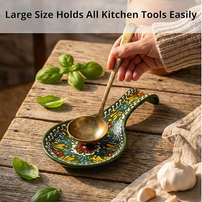 BCS Ceramic Spoon Rest, Large 9” Hand Painted Spoon Holder for Stove Top & Kitchen Counter, Dishwasher Safe & Heat Resistant Utensil Holder, Floral Kitchen Decor, Handmade Pottery