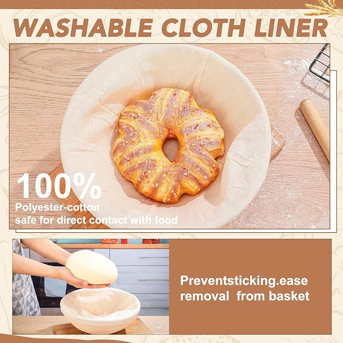 Gejoy Banneton Bread Proofing Basket Set of 8, Round Sourdough Bread Baking Bowl Kit with Cloth Liners and Dough Scrapers Natural Rattan Banneton Sourdough Bowl Basket for Bakers(9 Inch)