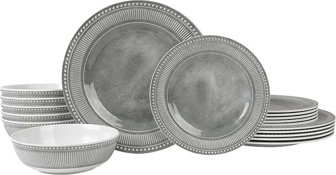 AELS Melamine Dinnerware Set of 18 Pcs, Dinner Dishes Set for Indoor and Outdoor Use, Melamine Plates and Bowls Set for 6, Dishwasher Safe, Lightweight Unbreakable, BPA Free, Gray